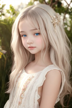 A breathtakingly stunning 11-year-old tween girl poses in a serene full-body view, radiating innocence and charm. Her porcelain doll-like complexion glows with a subtle blush, complemented by bright blue eyes sparkling with mirth. The soft focus of her white hair creates a whimsical contrast against the lush locks. Her slender physique is accentuated by the flowing hippie dress, which drapes elegantly around her petite frame.

The Sony A7III camera captures every detail in stunning 8K resolution, utilizing HDR and hyperrealistic rendering to create an almost photorealistic image. The lighting is soft and natural, with a warm glow that highlights the subject's gentle smile. The composition is clean and simple, emphasizing the tween girl's youthful essence.

The overall effect is mesmerizing, as if you're gazing upon a living, breathing masterpiece. The subject's very presence seems to emanate happiness and joy, inviting the viewer to step into her carefree world.