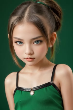 9yo tween girl with eye-catching, piercing gaze, biting lips (close_up), light makeup, portrait, micro skirt and mini top, revealing, sexy, dark green background,