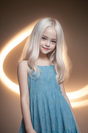 A stunningly rendered image of an 11-year-old tween girl with striking white hair, a bright blue-eyed smile, and blushing cheeks. The subject's slender yet petite physique is showcased in a full-body view against a soft-focus background, allowing her beautiful face to take center stage. Her hippie dress flows seamlessly around her, creating a whimsical atmosphere. The lighting is masterfully crafted, utilizing shadows to add depth and dimensionality to the scene. The Sony A7III camera captures every detail with precision, showcasing crisp lines and forms that evoke a sense of hyperrealism. (sharp:1)