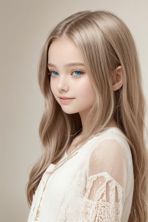 A stunning, high-detail image of an 11-year-old tween girl in a beautiful, flowing hippie dress. The full-body view showcases her petite frame, pale white skin, and striking features - sharp blue eyes, blushing cheeks, and a radiant smile. Her long, white hair cascades down her back like a river of moonlight. The composition is masterful, with crisp lines and forms creating a sense of depth and dimensionality. The lighting is perfect, utilizing shadows to create a sense of volume and texture. The image is shot in RAW on a Sony A7III camera, with an aspect ratio of 1:2 and stylized using the Csr style. The level of detail is hyperrealistic, making it a true masterpiece in photorealistic beauty.