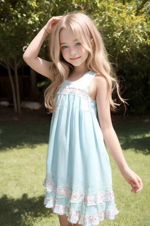 A stunning, high-detail image of an 11-year-old tween girl with porcelain-white skin and striking blue eyes. She wears a flowy hippie dress, her long white hair cascading down her back as she beams with joy. The camera captures her petite frame in full-body view, showcasing her slender figure. Her smile is radiant, blushing cheeks adding to her childlike charm. In the style of crisp lines and forms, the image features UHD quality, shot on a Sony A7III camera with a 1:2 ratio, utilizing stylized RAW editing. The result is a hyperrealistic masterpiece, rivaling photorealism in its sharpness and beauty.