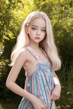 A majestic portrait of an alluring 11-year-old tween girl, standing confidently in a full-body view. Her porcelain pale skin glows softly, with a warm blush spreading across her cheeks as she beams with joy. Her bright blue eyes sparkle with mischief, framed by lush white hair that cascades down her back like a river of silk. The delicate features of her face are rendered with hyperrealistic precision, as if plucked straight from a RAW photo shot on a Sony A7III camera. The subject's slender physique is accentuated by the flowing Hippie dress she wears, its vibrant colors and patterns blending seamlessly into the surrounding shadows. The overall effect is stunning, with crisp lines and forms that seem to leap off the 8K, HDR canvas like a masterpiece come to life.