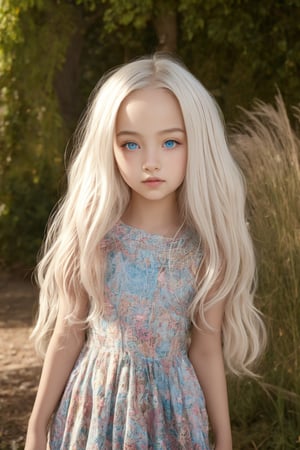 A majestic portrait of an alluring 11-year-old tween girl, standing confidently in a full-body view. Her porcelain pale skin glows softly, with a warm blush spreading across her cheeks as she beams with joy. Her bright blue eyes sparkle with mischief, framed by lush white hair that cascades down her back like a river of silk. The delicate features of her face are rendered with hyperrealistic precision, as if plucked straight from a RAW photo shot on a Sony A7III camera. The subject's slender physique is accentuated by the flowing Hippie dress she wears, its vibrant colors and patterns blending seamlessly into the surrounding shadows. The overall effect is stunning, with crisp lines and forms that seem to leap off the 8K, HDR canvas like a masterpiece come to life.