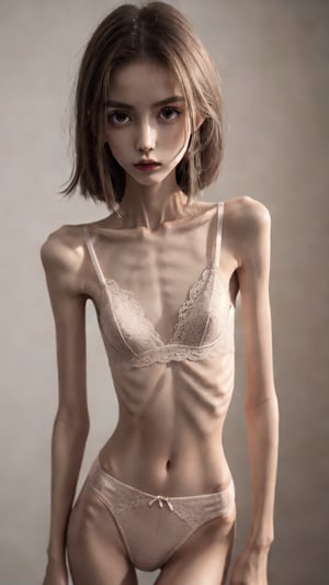 A very skinny german girl, 18 years old, anorexic figure, lace and sexy underwear, barefoot, extremely malnourished, string for weeks, severe hunger,  rubbing her stomach, twilight, intimacy, soft lighting, masterpiece, best quality, high quality, highres, absurdres, very detailed, high resolution, sharp, sharp image, 8k, vivid, colorful, stunning, aesthetic, skinny, 21 years old, grown up woman