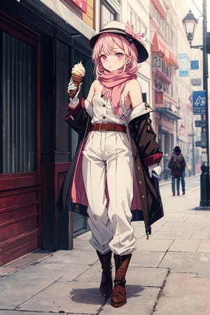 He is a teenager with a thin, slightly effeminate complexion. He is inspired by Neapolitan ice cream. His hair color is typically half pink and half brown, with white stripes on the pink side. Hair is also styled short.

He is also quite small in stature.

Wear Roman's hat. It consists of a chocolate brown jacket that starts just below his shoulders with two brown shoulder straps and twin gray button seams. He wears a gray scarf and a gray three-button vest-style white t-shirt that is strapless. A pair of chocolate brown separate sleeves with a pink bodice and trim along with a pair of white funnel gloves with gray button details. She also wears white belted pants and black and white t-shirt style booties with cut-out details just above the ankle. The back of her jacket is shown to have a small conical ice cream keychain that is usually covered by her hair.