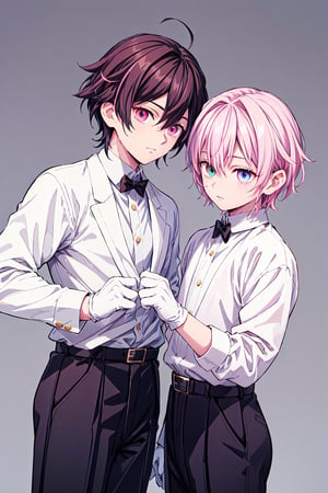 Young boy with a slightly effeminate appearance, somewhat thin, with two-color hair, on the left he has pink hair and on the right side he has brown hair.

His eyes are heterochromatic, his left eye is brown and his right eye is pink.

He has a black formal suit with gold markings, a white shirt inside, white gloves up to the waist. 
the forearm