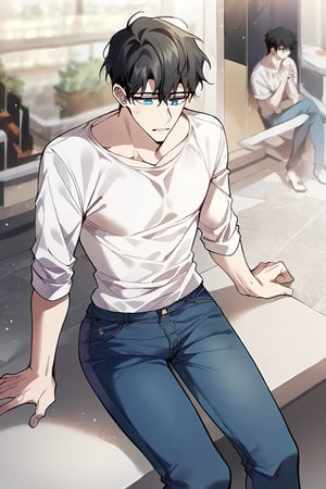 score_9, score_8_up, score_7_up, score_6_up, score_5_up, score_4_up, BREAK, mgirly, 1boy, skinny, short hair, black hair, blue eyes, white shirt, jeans, sitting, mall, straight-on