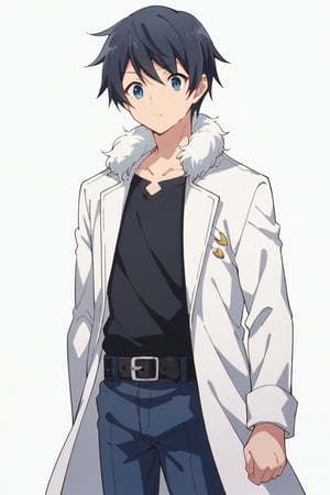 score_9, score_8_up, score_7_up, BREAK,source anime, touya_mochizuki, black hair, blue eyes, black shirt, fur-trimmed white coat, blue pants, belt, ((portrait)), standing, simple background, white background