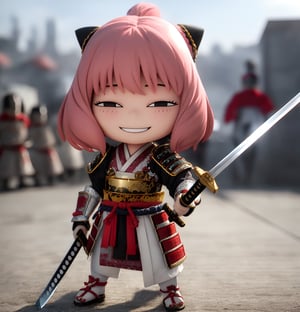 Masterpiece, Top Quality, High Resolution, PVC, Rendering, Chibi, High Resolution, One Girl, Anya Forger, Pink Hair, Bob Hair, Japanese Warring States Period Samurai, Wearing Traditional Samurai Armor, Holding a Sword Poised, Gray Eyes, Smile, Selfish Target, Chibi, Mediterranean Cityscape, Smile, Smile, Self-righteousness, Full Body, Chibi, 3D Figure, Toy, Doll, Character Print, Front View, Natural Light, ((Real)) 1.2)), dynamic pose, medium movement, perfect cinematic perfect lighting, perfect composition, anya_forger_spyxfamily, samurai