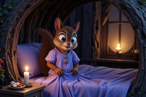 Characters & Look:

A small, anthropomorphic squirrel with soft brown fur, large, curious eyes, and twitching whiskers. Her ears are perked up, and her eyes are wide open as she’s startled awake. The squirrel has a delicate face with soft features, and her small, fluffy tail is slightly puffed from the sudden wake-up.
Outfit:

She’s wearing a cozy, light lavender nightdress, slightly crumpled from sleep, with tiny wooden buttons down the front and short, puffy sleeves. The dress is simple yet comfortable, giving her a homey, innocent appearance as she sits up in bed.
Scene:

The scene is set in her small, cozy bedroom inside a tree trunk. The room is warmly lit by faint, silvery moonlight filtering through a nearby window. Her bed, made of twigs, leaves, and soft moss, adds a rustic charm to the space. A tiny candle flickers gently on a wooden nightstand, casting faint, dancing shadows around the room. Outside, dim lights from the animal colony faintly glow in the distance, creating a soft contrast with the dark jungle beyond.
Emotions:

The squirrel is visibly startled and confused, her eyes wide with fear and curiosity. Her small paws grip the edge of the blanket as she pulls it off, preparing to investigate the strange sounds outside. Her expression is tense as she tries to make sense of the disturbance in the quiet of the night.
Description:

Suddenly woken from her peaceful sleep by an unfamiliar sound, the squirrel sits upright in her wooden bed. Her lavender nightdress is slightly wrinkled, her fur a bit ruffled from the sudden movement. She glances toward the window, listening intently with wide, anxious eyes. The contrast between the warm, cozy interior of her bedroom and the eerie, dark jungle outside adds to the suspense, as she tries to decide whether to stay safe in her bed or explore the source of the sound.