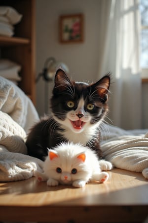 Here’s the revised prompt featuring a far view of Shadow on the bed and the soft toy on the table:

---

### Scene: Shadow Waking Up to Surprise

**a. Character & Look:**  
- **Shadow:** A tiny, adorable baby tuxedo kitten, only 3 months old. He has a sleek bicolor pattern, with soft jet-black fur covering his back and a crisp white chest. In this scene, he is lying on the bed, having just woken up, with a surprised and joyful expression as he discovers his beloved soft toy in front of him.

**b. Toy:**  
- **Toy:** The same fluffy white kitten soft toy that Shadow cherishes. After being groomed, it now looks clean and cute, resting on the table in front of him, creating a delightful surprise.

**c. Scene Location:**  
The scene takes place in the softly lit laundry area of their treehouse during the early morning. Sunlight filters through the windows, casting a warm glow across the room, illuminating both Shadow and the toy.

**d. Image Description:**  
In a hyper-realistic 64K ultra-detailed photo, the focus is on a wide view of the room, showcasing Shadow lying on the bed, stretching his little body, with a look of surprise on his face as he spots the soft toy on the table. The soft morning light enhances the cozy atmosphere, capturing the inviting surroundings of the treehouse. Shadow's playful pajamas are visible, adding to the overall charm of the scene, with the soft toy positioned perfectly in front of him, ready to bring joy to his day.

---

Let me know if you need any more adjustments or details!