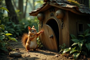 Character and Look (Squirrel)
A realistic, small squirrel, standing on its hind legs. This squirrel has a fluffy tail, large eyes, and a shiny brown coat with a white belly. The squirrel’s face is expressive, showcasing curiosity and determination.

Action Pose:
The squirrel is positioned to knock on the closed door, using one of its tiny paws. Its other paw is raised slightly, adding to the action of the scene. The squirrel appears focused and slightly nervous, ready to interact with whatever is behind the door.

Scene Description (Small Wooden Home in the Jungle):
The scene is set in a lush jungle environment with dense foliage surrounding a quaint, small wooden home. The home is rustic, made of aged timber, with a slightly crooked roof and a small window. The door is closed, with natural wood grain visible. In the foreground, the squirrel's paw is seen knocking on the door, creating a sense of suspense and anticipation. The background features towering trees and scattered vines, giving the impression of a vibrant animal kingdom.

Additional Details:

Size of the Home: Small wooden house, cozy and rustic, fitting for the jungle.
Focus: The squirrel's hand knocking on the door is the focal point, highlighting its interaction with the house.
Background: Lush jungle with various shades of green, providing depth and atmosphere.
Hyper ultra-realistic HDD 64K photo.