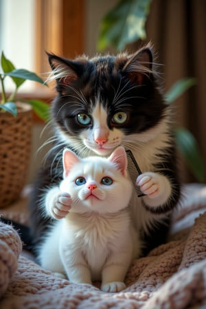 Here’s the prompt for the scene featuring the mother kitten grooming the toy in the early morning:

---

### Scene: Grooming the Toy in the Early Morning

**a. Character & Look:**  
- **Mother Kitten:** A graceful, nurturing mother tuxedo kitten with a soft black and white coat. She is focused and gentle, displaying her caring nature. Her bright eyes shine with determination as she lovingly attends to her toy, demonstrating a deep bond.

**b. Toy:**  
- **Toy:** A small, fluffy white kitten toy bag, once soft and huggable, now slightly matted from being washed and dried. Its features include big sparkling eyes and a charming little nose, still retaining its cuteness despite its condition.

**c. Scene Location:**  
The scene takes place in the cozy laundry area of their treehouse in the early morning. Soft rays of sunlight filter through the window, illuminating the space with a warm glow. The gentle sounds of the jungle waking up provide a soothing background ambiance.

**d. Image Description:**  
In a hyper-realistic 64K ultra-detailed photo, the focus is on the mother tuxedo kitten, shown in a close-up view as she carefully uses a small comb to groom the face of the fluffy white kitten toy. The mother’s delicate paws are captured mid-motion, gently smoothing out the toy’s fur, while her expression radiates love and care. The background highlights the warm morning light and the inviting atmosphere of the treehouse, emphasizing the tender moment of rejuvenation for the beloved toy.

---

Let me know if you would like any adjustments or additional details!