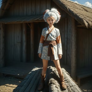 A striking Korean girl with bold features, sporting a unique blend of white and brown hair, stands confidently on a rustic hut house. Her small face contrasts with her assertive stance, captured in a close-up shot. The scene is illuminated by natural sunlight, highlighting her distinct hairstyle and the weathered texture of the hut. The composition focuses on her poised figure against the backdrop of the wooden structure, emphasizing her presence and the vibrant interplay of light and shadow.