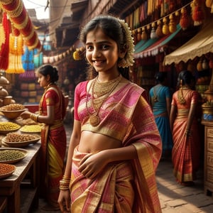 A young girl with fair skin, wearing traditional Indian attire, stands in a vibrant Indian marketplace. She is dressed in a colorful sari with intricate patterns, adorned with gold jewelry. The scene is brightly lit with warm sunlight filtering through the bustling stalls. The composition captures her in a candid moment, smiling as she interacts with the local vendors. The background is filled with a mix of textiles, spices, and vibrant colors, reflecting the rich culture of India.