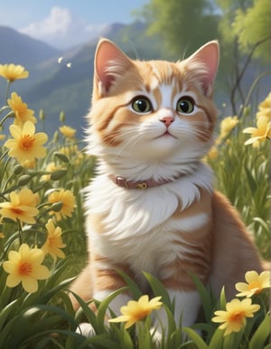 cute cartoon character, cat enjoying springtime flowers, (((masterpiece))),(best quality)