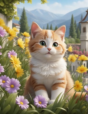 cute cartoon character, cat enjoying springtime flowers, (((masterpiece))),(best quality)