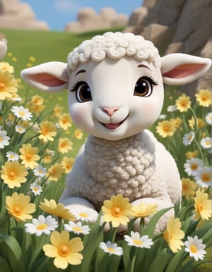 cute cartoon character, lamb enjoying springtime flowers, (((masterpiece))),(best quality)