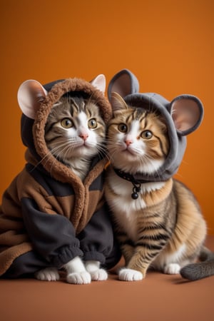 "Create a hyper-stylistic image of a cute mouse wearing a cat costume and a cute cat wearing a mouse costume, sitting beside each other on Halloween. The mouse is dressed in a tiny cat suit, complete with a miniature cat hat and a fluffy tail. The cat, on the other hand, is wearing a miniature mouse costume, complete with a tiny mouse hat and a pair of oversized mouse ears. Both animals are posed in a playful, adorable way, with the mouse and cat sitting together in a friendly, companionable manner. The background is a warm, autumnal orange, with subtle shading and texture that suggests a sense of coziness and comfort. Incorporate intricate details and textures to bring the mouse and cat to life, with a focus on capturing their playful, mischievous personalities." highest-Quality, intricate details, visually stunning, Masterpiece
