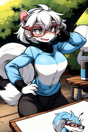 young black and white squirrel girl, traditional drawing, 2d, 4k, high definition, 1.2, high resolution, ultra detailed, detailed, furry drawing, wears glasses, blue shirt, funny attitude, is not wearing pants, is in a sexy pose next to a camping table