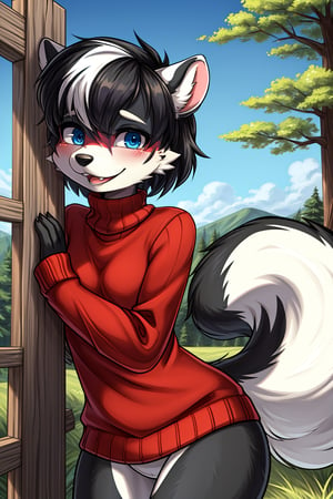 Highly detailed, illustration, animation, 2d, best quality, 4k, masterpiece: 1.2, high resolution, ultra detailed, detailed, classic beauty, beautiful and perfect eyes, furry, detailed illustration, furry drawing, (medium shot) young skunk girl , black and white fur, black pompadour, black hair around the eyes, small breasts, beautiful body, has a large skunk tail with a black and white stripe. She wears glasses, a red sweater with a turtleneck, she doesn't wear pants. She has a funny attitude, she is in a funny pose, she looks at the viewer, she is leaning against a fence, next to her there is a young and strong wolf, who hugs her, in the background of her you can see the coniferous forest.