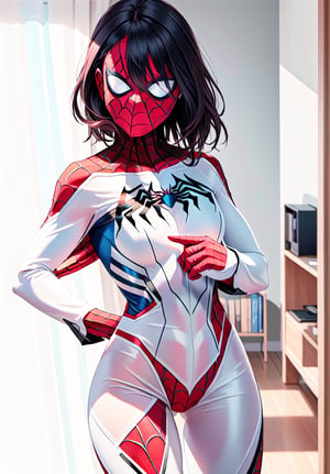 Masterpiece, Best quality, Photorealistic, Ultra-detailed, fine detail, high resolution, 8K wallpaper, an image of spiderwoman in a room, wearing a full black spiderman suit without the mask, stunning spiderman suit, authentic spiderman suit