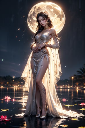 A masterpiece of beauty and aesthetics, a stunning full-length portrait of a petite girl with long hair in traditional transparent clothing, standing gracefully on a lotus pond, with transparent oil tattoos on her body. Set under the light of a full moon, she delicately holds a lotus branch and creates an extremely realistic panorama, emphasizing the interaction between transparency and moonlight, with the photo focused on her, with every detail meticulously rendered to achieve the finest quality