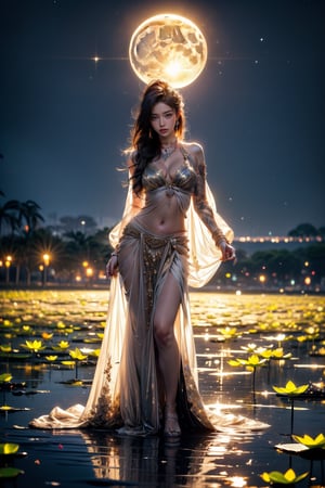 A masterpiece of beauty and aesthetics, a stunning full-length portrait of a petite asian girl with long hair and oil tattoos on her body, standing gracefully on a lotus pond in traditional transparent clothing. Set under the light of a full moon, she delicately holds a lotus branch and creates an extremely realistic panorama, emphasizing the interaction between transparency and moonlight, with the photo focused on her, with every detail meticulously rendered to achieve the finest quality