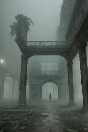 The image portrays a haunting and surreal scene set in an eerie, abandoned courtyard of a dilapidated building. The overall atmosphere is imbued with a greenish, foggy mist, enhancing the unsettling mood.