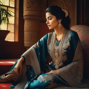 Masterpiece of cinematic realism, 'Elegant Sanctuary' by [Karol Bak$, Alessandro Pautasso$, Gustav Klimt$ and Hayao Miyazaki$]. A stunning 35-year-old woman sits serenely at home, enveloped in a stylish shalwar kameez. The traditional attire is the perfect blend of cultural heritage and modern flair. Cluttered maximalism surrounds her, yet her presence remains tranquil.

Rule of thirds (1.3) guides the composition, with our subject placed thoughtfully off-center. Studio lighting provides an even tone, accentuating every curve and crease. Depth of perspective draws us in, as if we're sitting beside her. Perfectly framed at 32k UHD (1.4), this image is a true masterpiece.

Sharp focus and high contrast ensure the finest details are visible, from the intricate embroidery to the subtle play of light on her skin. HDR and hyper-detailed rendering evoke a sense of Kodachrome 800 (1.3) quality. Cinematic lighting creates an atmosphere of warmth and comfort, inviting us into this peaceful sanctuary.