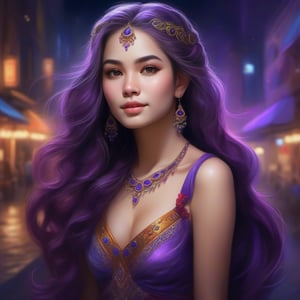 In a dimly lit night scene, a stunning portrait of a young woman is captured in vivid colors. Her beautiful, detailed eyes sparkle with a mesmerizing purple hue, framed by long eyelashes that add to their allure. Her lips curve into a warm smile, inviting the viewer's gaze. Long, flowing hair cascades down her back like a river of multicolor hues, styled in twin tails that bounce with each gentle movement. The subject's face is rendered in exquisite detail, with intricate jewelry adorning her ears and neck. A flowing purple skirt swirls around her legs, its dark color contrasting beautifully against the radiant colors of her hair. The overall effect is a masterpiece of ultra-detailed realism, as if plucked from the canvas of a painter's imagination.