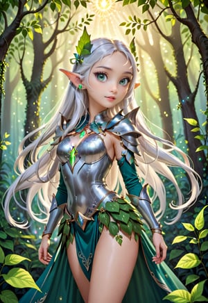 A tall, elegant elf with long, silver hair and pointed ears. She wears ornate armor made of leaves and silver, holding a glowing bow. The background is an enchanted forest with magical creatures and glowing flora.