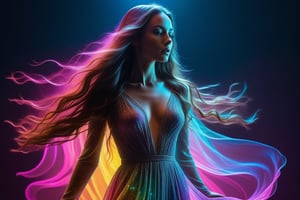 Ultra-detailed illustration of the silhouette of a long-haired woman, wearing a long dress, phantasmagoric figure, (((translucent skin:1.5))), (((translucent body:1.5))), neon lights, light particles, colorful, CMYK colors, backlit.