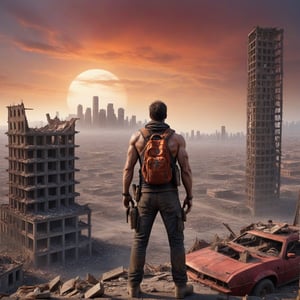 A hauntingly beautiful post-apocalyptic landscape with a sky in shades of red and orange, stuck in perpetual twilight. The jagged ruins of skyscrapers stand as skeletal remains against a barren, desolate landscape. The air is thick with ash and dust, and survivors can be seen scavenging through the rubble for food and water. A protagonist, Eli, a rugged man in his thirties with a weathered face, stands atop a crumbling building, scanning the horizon. Nearby, a small group of survivors, including a tall muscular man, a kind-eyed woman, and two twin mechanics, sift through debris, illustrating the harsh struggle for survival in this new world.
