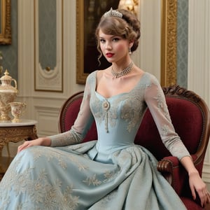 Create an image of Taylor Swift as a Victorian lady. She is dressed in an elegant, period-appropriate gown with intricate lace and embroidery. Her hair is styled in a classic updo with delicate accessories. The background is a lavish Victorian parlor, complete with ornate furniture and decorations.