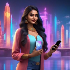 Confident Indian 4k realistic AI influencer model standing in front of a futuristic cityscape with holographic screens and digital icons. She wears a stylish kurta over jeans, her long, dark, wavy hair flowing down her back as she confidently holds a smartphone. Her friendly expression invites interaction, gesturing towards the viewer. The vibrant colors of her outfit pop against  indian themed backdrop, symbolizing her role as a tech-savvy bridge between cultures and digital worlds.