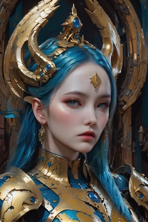 detailed full-length picture, masterpiece, best quality, ultra high resolution, visually stunning, beautiful, award-winning art (abstract art: 1.3), beautiful ))) ,epic realistic, Warhammer 40000 style A custodes girl in golden blue armor with blue hair,  perfect eyes, sexy lips, sharp focus, studio photo, intricate details, highly detailed, by greg rutkowski, more detail XL, hyper detailed, realistic, cinematic lighting,Expressiveh,concept art