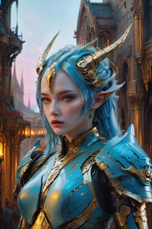 detailed full-length picture, masterpiece, best quality, ultra high resolution, visually stunning, beautiful, award-winning art (abstract art: 1.3), beautiful ))) ,epic realistic, mecha devil armor, A custodes girl in golden blue armor with blue hair,  perfect eyes, sexy lips, sharp focus, studio photo, intricate details, highly detailed, by greg rutkowski, more detail XL, hyper detailed, realistic, cinematic lighting,Expressiveh,concept art