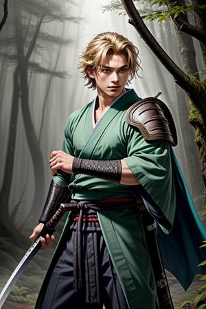 score_9, score_8_up, masterpiece, vivid fantasy action shot of 1man(blond shoulder length hair, green eyes, athletic build, wearing a dirty green ronin kimono) (wielding dual katana, one katana in each hand) arms extended, ready to engage enemy. Background of a thick mysterious fantasy forest. Insanely detailed, fantasy art,dual wielding,Style,Fantasy 
