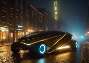 black and brass science fiction hovering industrial car in empty sci-fi town streets, science fiction, cinematic lighting, night time, volumetric light, imax, dslr, highly detailed, volumetric fog, dutch angle, cinematic angle