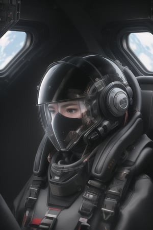 human, sci-fi, wearing a pilot armor suit with helmet of black color with tubes, black visor,  8k uhd, dslr, soft lighting, high quality, film grain, masterpiece quality, portrait, inside a spaceship fighter cockpit
