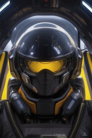 human, sci-fi, wearing a pilot armor suit with helmet of black and yellow color, black visor,  8k uhd, dslr, soft lighting, high quality, film grain, masterpiece quality, portrait, inside a spaceship fighter cockpit