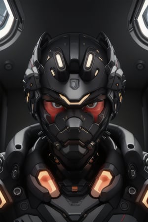 human, sci-fi, wearing a pilot  HXARMOUR of black and yellow color, black visor,  8k uhd, dslr, soft lighting, high quality, film grain, masterpiece quality, portrait, inside a spaceship fighter cockpi,