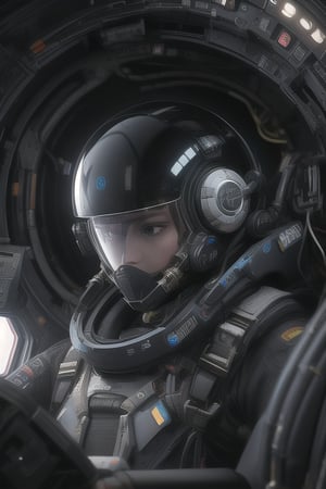 human, sci-fi, wearing a pilot armor suit with helmet of black color with tubes, dirty,  8k uhd, dslr, soft lighting, high quality, film grain, masterpiece quality, portrait, inside a spaceship fighter cockpit