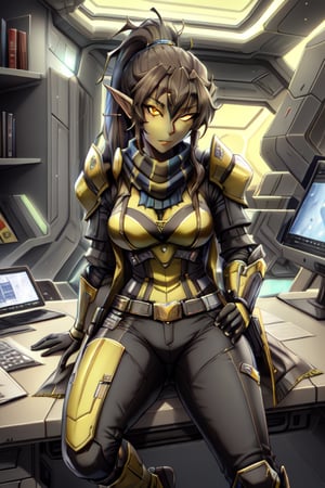 cathar, 1girl, solo, colored sclera, yellow eyes, pointy ears, black hair, collarbone, portrait, yellow-brown sclera, hair long_ponytail, black sclera,white color scarf, inside a tradeshop inside a colony spaceship, sit in a chair behind a desk, yellow brown skin color, 8k uhd, white gloves, sci-fi full body light armor, coat, sci-fi Wearing blue shirt and pants