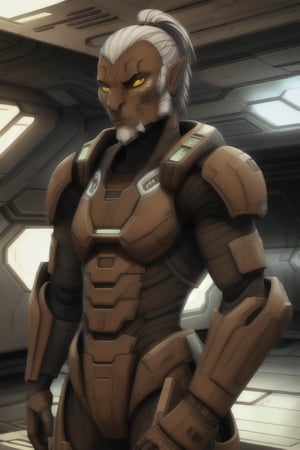 cathar, 1boy, 60yo, wearing a black sci-fi armor without helmet, male focus, white short-hair , yellow-brown sclera, alien, white facial hair color, black sclera, upper body, solo, wearing light sci-fi armor, inside a colony ship ,upper body portrait