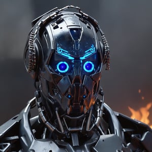 (8k, 3D, UHD, highly detailed, masterpiece, professional oil painting)close-up of robot from side in action pose surrounded by void magic looking at viewer, metalic roboter head (intricate details), (dead), insane, toxic, no hair,volumetric lighting, (dutch angle:0.5),  many blue led laser eyes,lion style metal teeth,bust shot,With a bunch of chains on his head,Sharp black teeth,grim,(Terminator T800:1),4 blue pupils in one eye socket,Steel works,head Hot red metallic texture,Shoulder gun,mutant,Burned face,Melting face on fire,Mantis man,sharp-headed,
 lora:add-detail-xl:2
