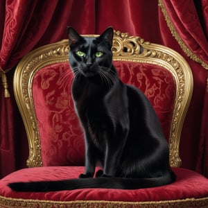 In a dimly lit, ornate room with intricate gold trim and velvet drapes, a majestic black cat with shimmering ebony fur and piercing green eyes sits regally on a plush crimson cushion. The camera captures the subject's every whisker and tuft in exquisite detail, as if rendered by a masterful oil painter. The lighting is warm and inviting, casting a soft glow on the cat's velvety coat.