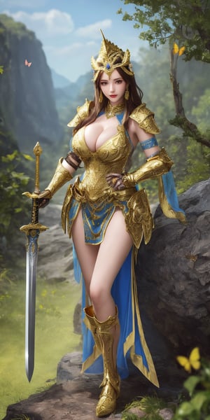 A beautiful girl wearing sleeveless gold armor, cleavage, big breasts, holding a long sword, standing on a rock, repairing, long legs and wearing a butterfly headdress