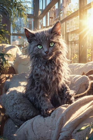 A serene domestic feline sits majestically on a plush cream-colored cushion, its soft gray fur glistening in warm afternoon sunlight streaming through a large window. The cat's piercing green eyes seem to gaze directly at the viewer as it delicately licks its paw, its tail curled around its paws with gentle precision.,VIVID